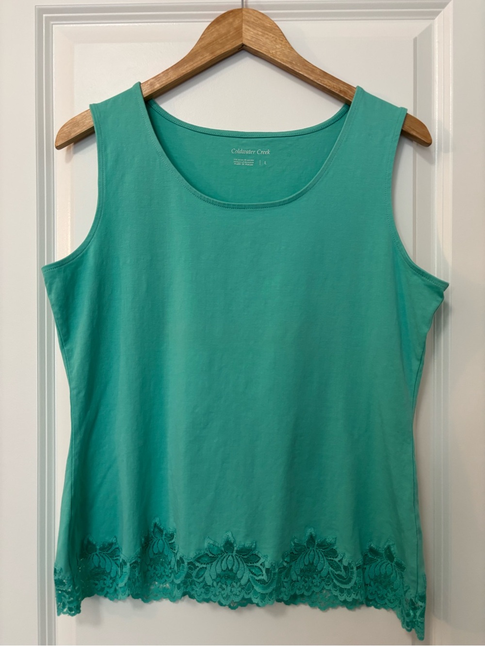 Coldwater Creek Seafoam Green Lace Trim Scoop Neck Tank Top, Size L